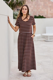 Model Tegand wearing size 10 of the Casual Saturday Dress – Chocstripe in colour Chocstripe, from the front