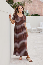 Model Tegand wearing size 10 of the Casual Saturday Dress – Chocstripe in colour Chocstripe, from the front