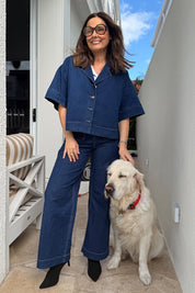 A model wearing size 10 of the Always There For Me Pocket Detail Denim Jeans in colour Denim (Blue), from the front, showing the whole outfit