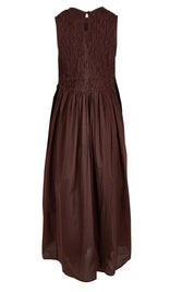 Product shot of the Summer Breeze Smocked Cotton Dress in colour Chocolate, from the back