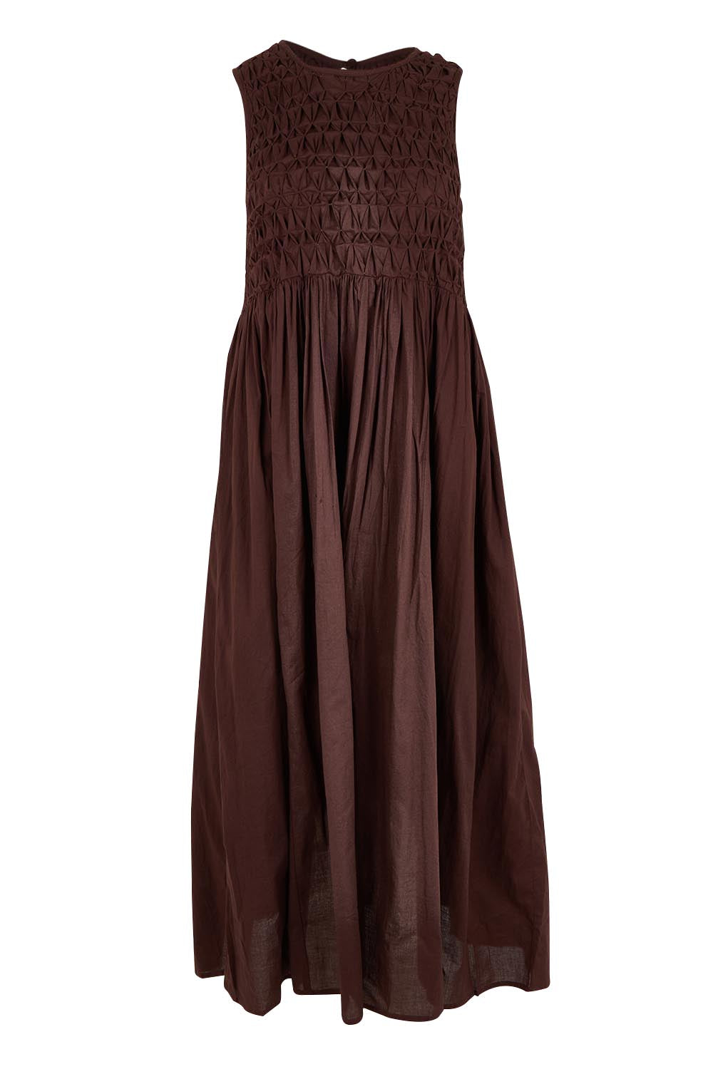 Product shot of the Summer Breeze Smocked Cotton Dress in colour Chocolate, from the front