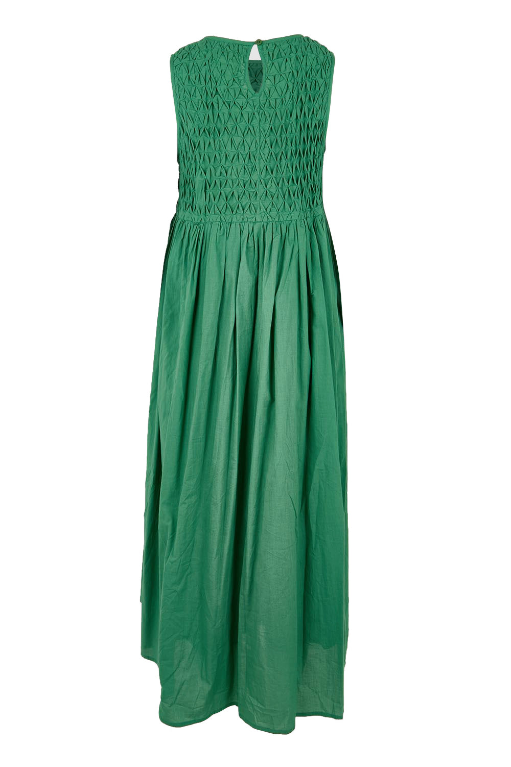 Product shot of the Summer Breeze Smocked Cotton Dress – Green in colour Green, from the back