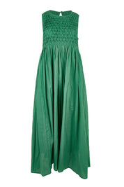 Product shot of the Summer Breeze Smocked Cotton Dress – Green in colour Green, from the front