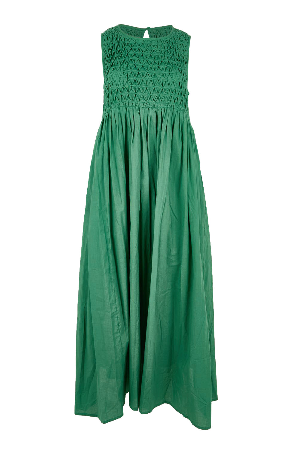 Product shot of the Summer Breeze Smocked Cotton Dress – Green in colour Green, from the front
