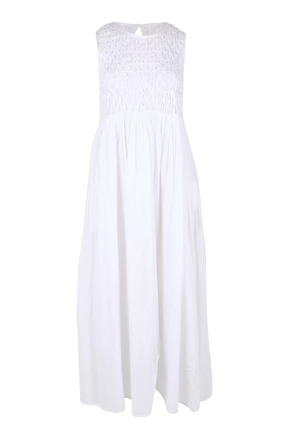 Product shot of the Summer Breeze Smocked Cotton Dress – White in colour White, from the front