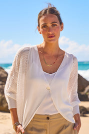 Model Tegan wearing size S of the Summer Haze Cardigan in colour White, from the front, showing the whole outfit