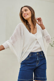 Model Tegand wearing size 10 of the Summer Haze Cardigan – White in colour White, in a cropped view