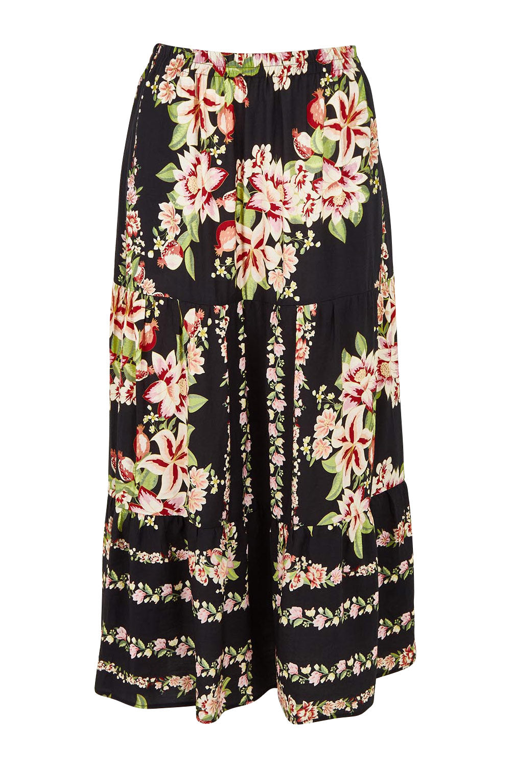 Product shot of the Floral Affair Skirt in colour Blkfleur (Black), from the front