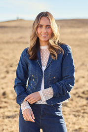 Model Tegan wearing size 10 of the You Have My Attention Denim Jacket in colour Denim (Blue), from the front, showing the whole outfit