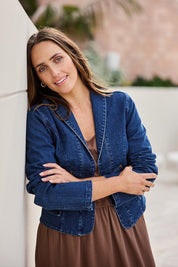 Model Tegand wearing size 10 of the You Have My Attention Denim Jacket - Denim in colour Denim, from an angle