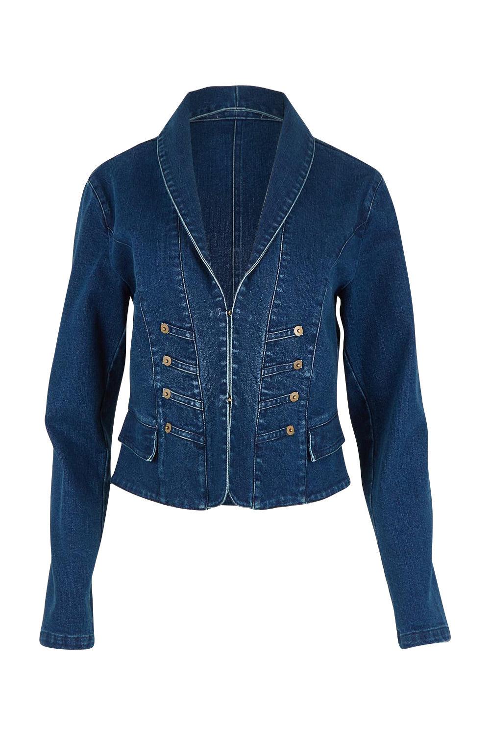 Product shot of the You Have My Attention Denim Jacket in colour Denim (Blue), from the front