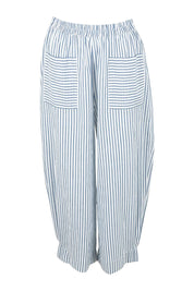 Product shot of the Beach Wandering Cotton Pants in colour Bluestripe (Blue), from the front