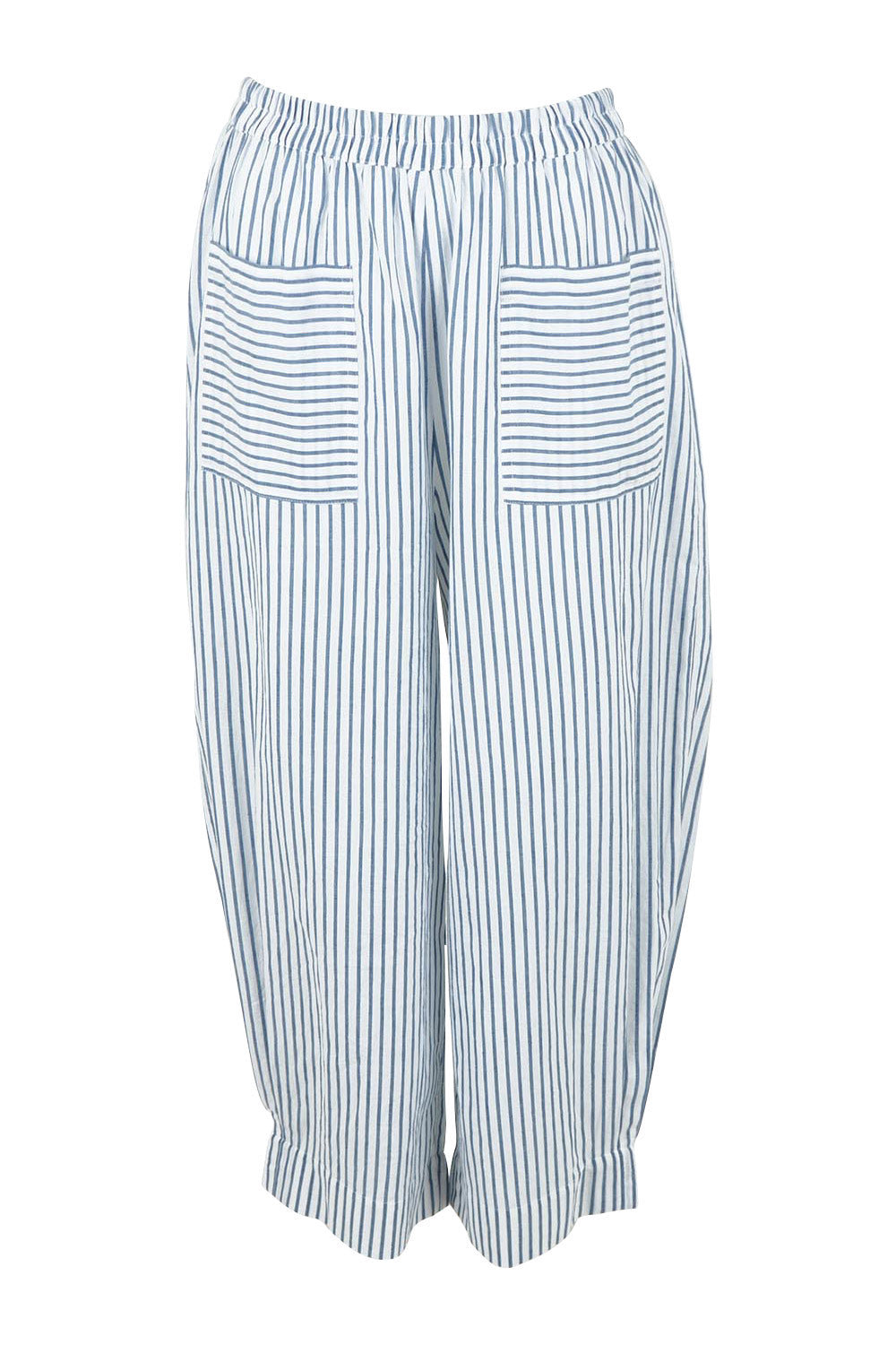 Product shot of the Beach Wandering Cotton Pants in colour Bluestripe (Blue), from the front