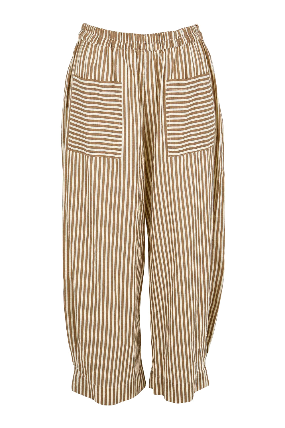 Product shot of the Beach Wandering Cotton Pants – Chocstripe in colour Chocstripe, from the front