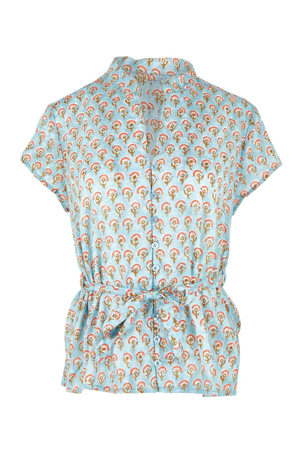 Product shot of the Morning Sunshine Cotton Blouse in colour Bluefleur (Blue), from the front