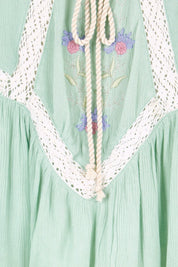 Product shot of the Morning Sunlight Embroidered Blouse – Pistachio in colour Pistachio, showing detail