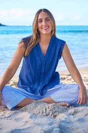 Model Tegan wearing size 10 of the Sweet Memories Cotton Blouse in colour Blue (Blue), from the front, showing the whole outfit