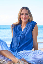 Model Tegan wearing size 10 of the Sweet Memories Cotton Blouse in colour Blue (Blue), from the front, showing the whole outfit