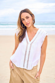 Model Tegan wearing size 10 of the Sweet Memories Cotton Blouse in colour White (White), from the front, showing the whole outfit