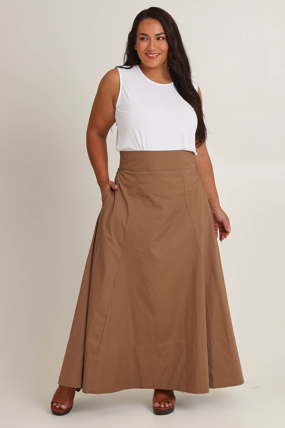 Model Ashleigh wearing size 16 of the Timeless Love Cotton Maxi Skirt in colour Dune, from the front, showing the whole outfit