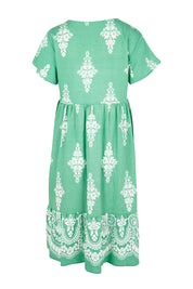 Product shot of the Sunset Happy Hour Dress – Leaf in colour Leaf, from the back