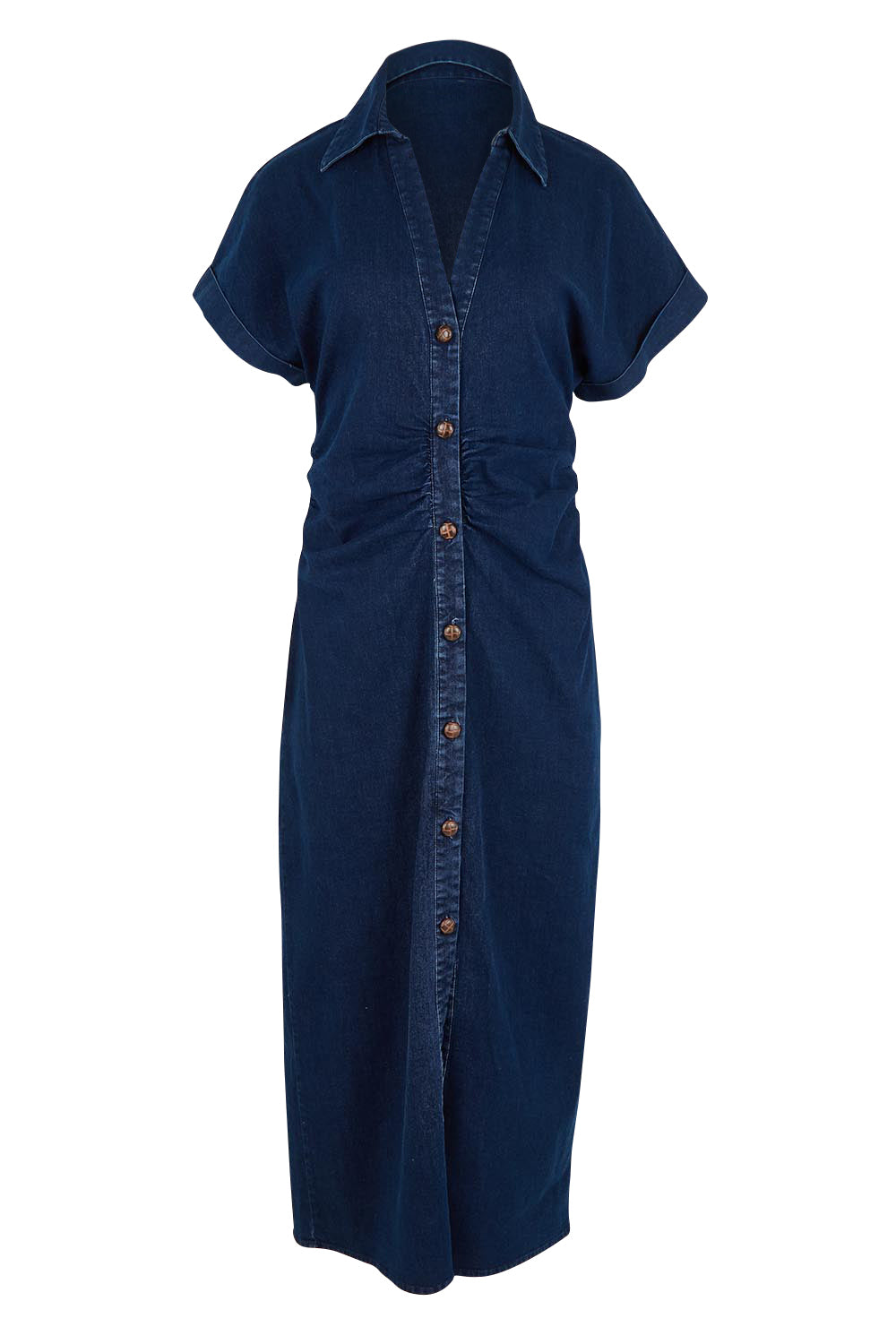 Product shot of the Hold Me Close Denim Maxi Dress in colour Denim (Blue), from the front