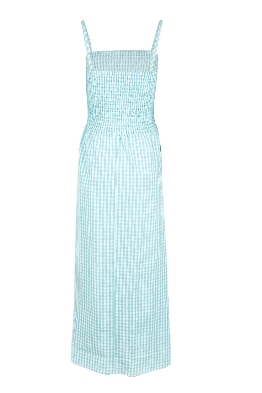 Product shot of the Giddy For Gingham Cotton Blend Maxi Dress in colour Skycheck (Blue), from the back