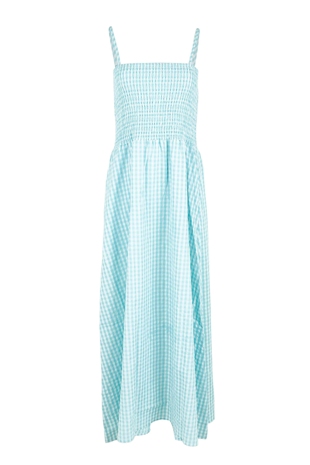 Product shot of the Giddy For Gingham Cotton Blend Maxi Dress in colour Skycheck (Blue), from the front