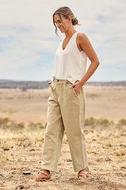 Model Tegan wearing size 10 of the Driftwood Embroidered Cotton Jeans in colour Rock, from the front, showing the whole outfit