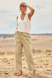 Model Tegan wearing size 10 of the Driftwood Embroidered Cotton Jeans in colour Rock, from the front, showing the whole outfit