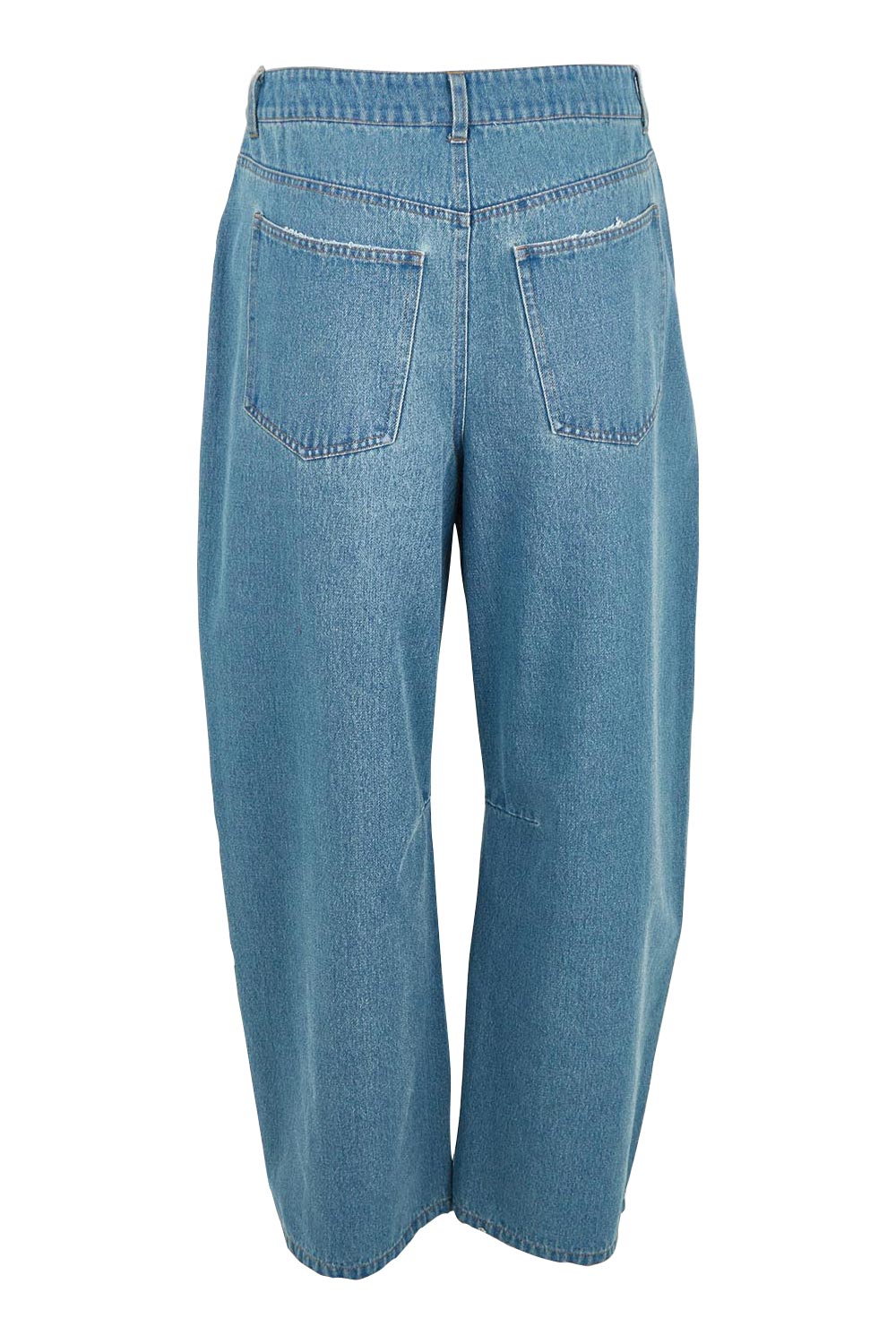Product shot of the Dusk To Dawn Cotton  Slouch Barrel Jeans in colour Denim (Blue), from the back