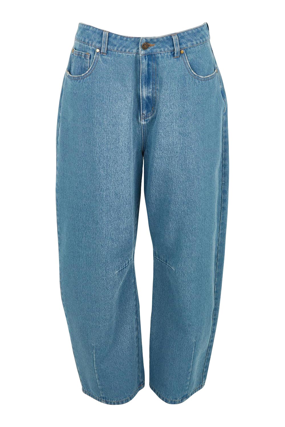 Product shot of the Dusk To Dawn Cotton  Slouch Barrel Jeans in colour Denim (Blue), from the front