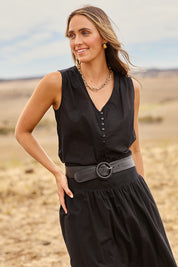 Model Tegan wearing size 10 of the Cute As A Button Cotton Tank in colour Black (Black), from the front, showing the whole outfit