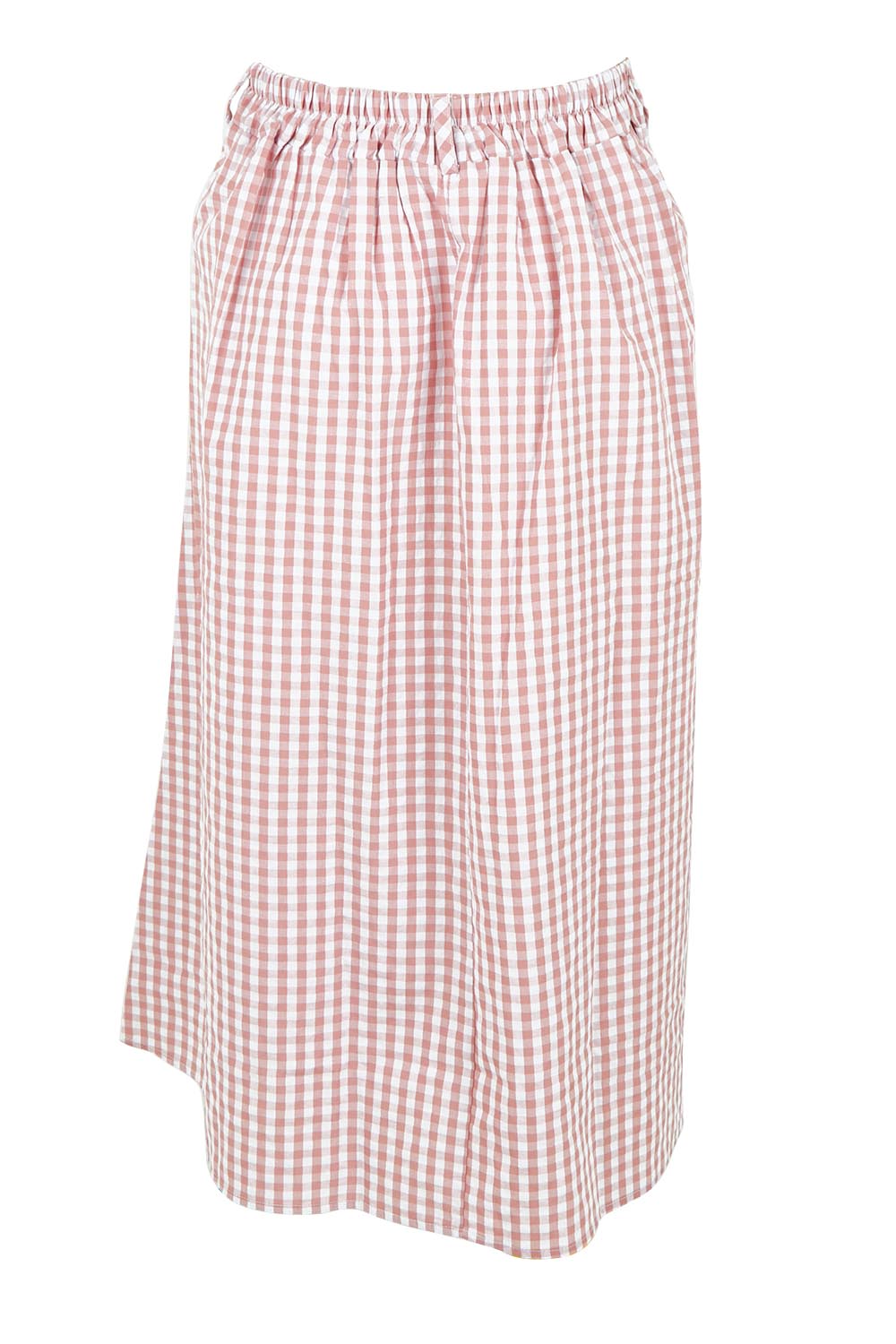 Product shot of the Giddy For Gingham Cotton Blend Skirt in colour Rosecheck (Pink), from the back