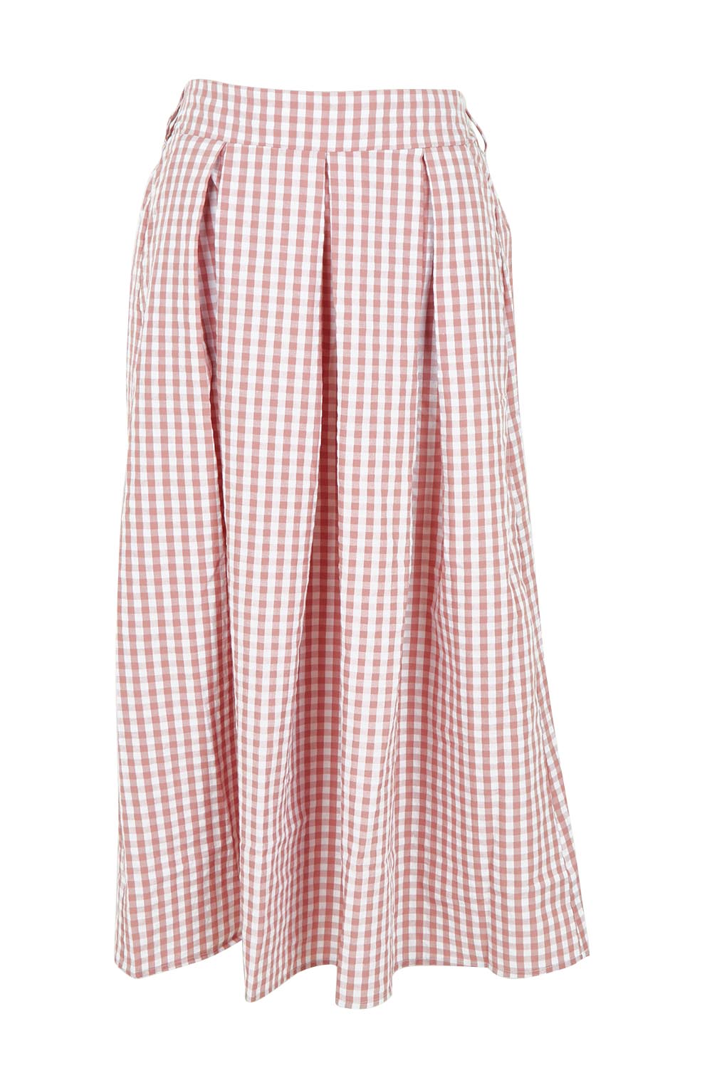 Product shot of the Giddy For Gingham Cotton Blend Skirt in colour Rosecheck (Pink), from the front