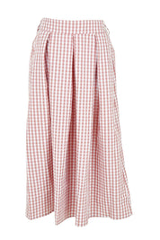 Product shot of the Giddy For Gingham Cotton Blend Skirt in colour Rosecheck (Pink), from the front