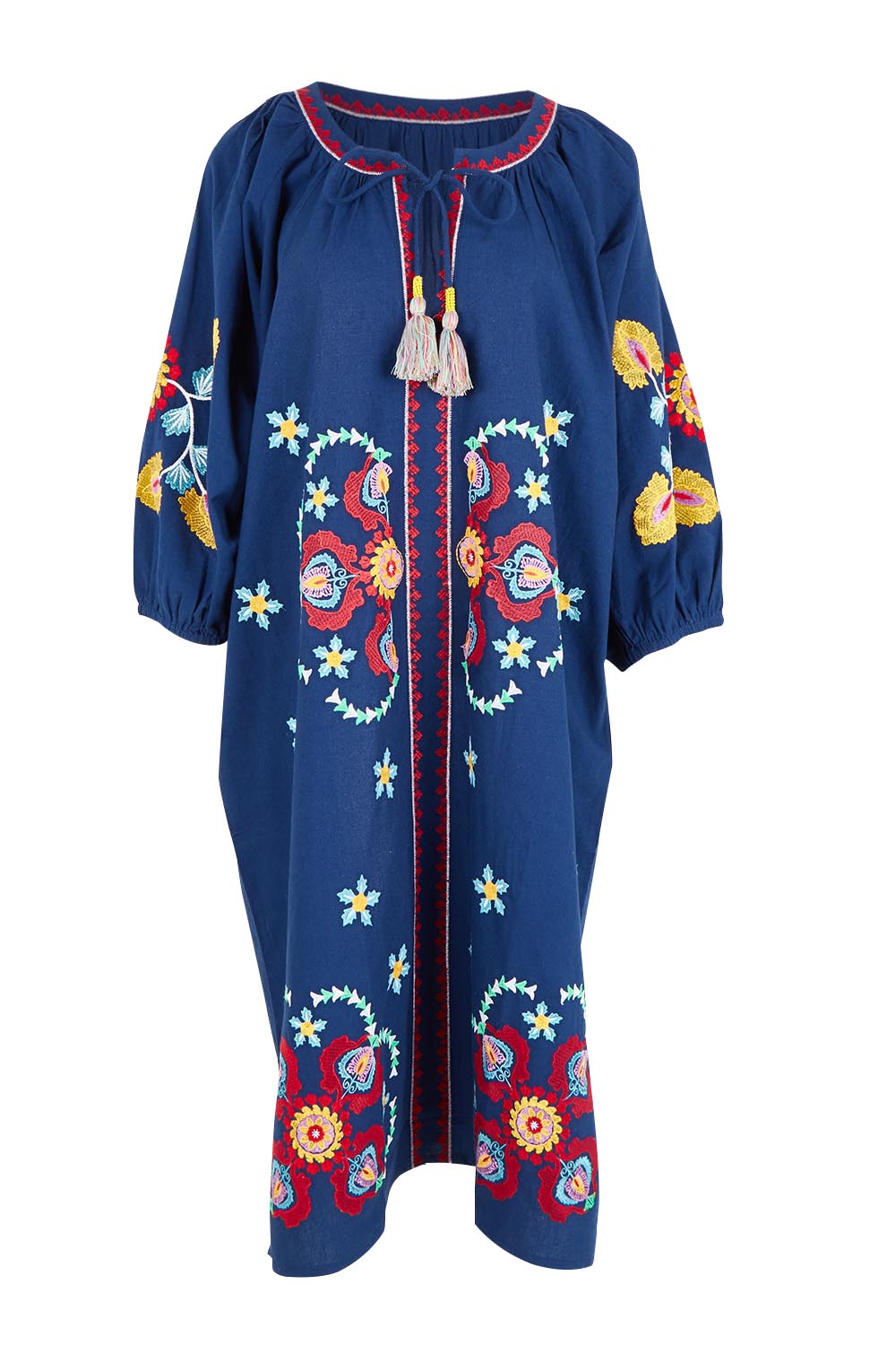 Product shot of the Garden Wander Embroidered Cotton Tunic Dress in colour Deepblue (Blue), from the front
