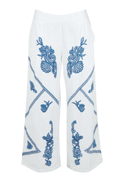 Product shot of the Morning Sun Embroidered Cotton Pants in colour Whiteblue (Blue), from the front