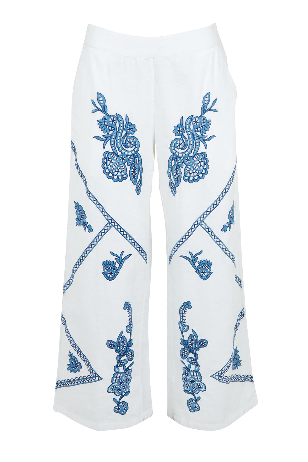 Product shot of the Morning Sun Embroidered Cotton Pants in colour Whiteblue (Blue), from the front