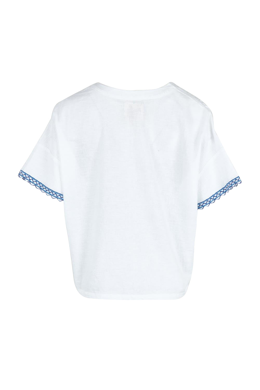 Product shot of the Morning Sun Embroidered Cotton Top in colour Whiteblue (Blue), from the back