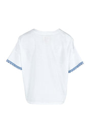 Product shot of the Morning Sun Embroidered Cotton Top in colour Whiteblue (Blue), from the back