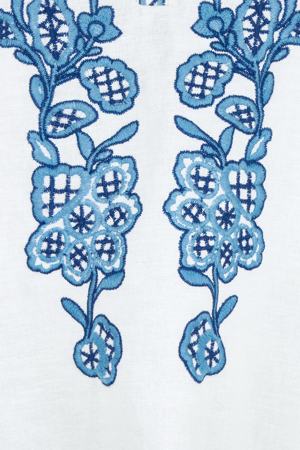 Product shot of the Morning Sun Embroidered Cotton Top in colour Whiteblue (Blue), detail