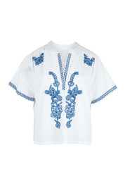 Product shot of the Morning Sun Embroidered Cotton Top in colour Whiteblue (Blue), from the front