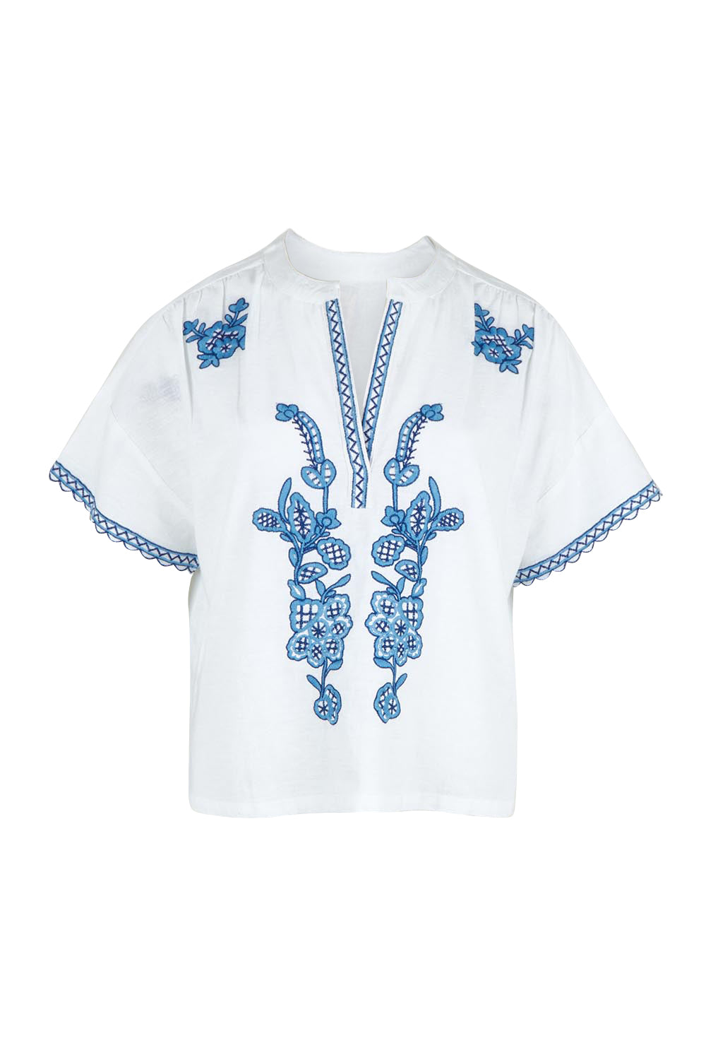 Product shot of the Morning Sun Embroidered Cotton Top in colour Whiteblue (Blue), from the front