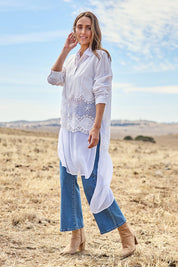 Model Tegan wearing size 10 of the My Sweetheart Longline Shirt in colour White (White), from the front, showing the whole outfit