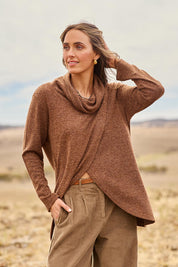 Model Tegan wearing size 10 of the Crossing The Plains Snuggle Jumper in colour Chocolate, from the front, showing the whole outfit