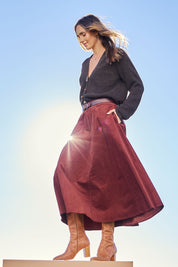 Sparking Joy Pull On Cord Panelled Skirt – Bordeaux