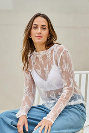 Model Tegand wearing size 10 of the Layer Me Up Lace Mesh Long Sleeve Top – White in colour White, in a cropped view