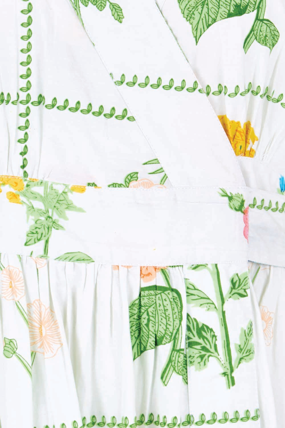 Product shot of the Walking On Sunshine Cotton Maxi Wrap Dress – Flower in colour Flower, showing detail