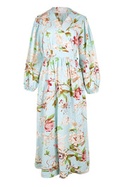 Product shot of the Walking On Sunshine Cotton Maxi Wrap Dress – Skybloom in colour Skybloom, from the front